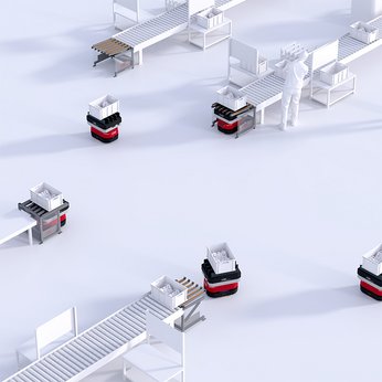 [Translate to English (United States):] AMY von DS Automotion: Mobile Robotik für kleine Lasten. Fahrerlose Transportsysteme (FTS/AGV) steigern Effizienz, Flexibilität und Sicherheit in der Intralogistik.